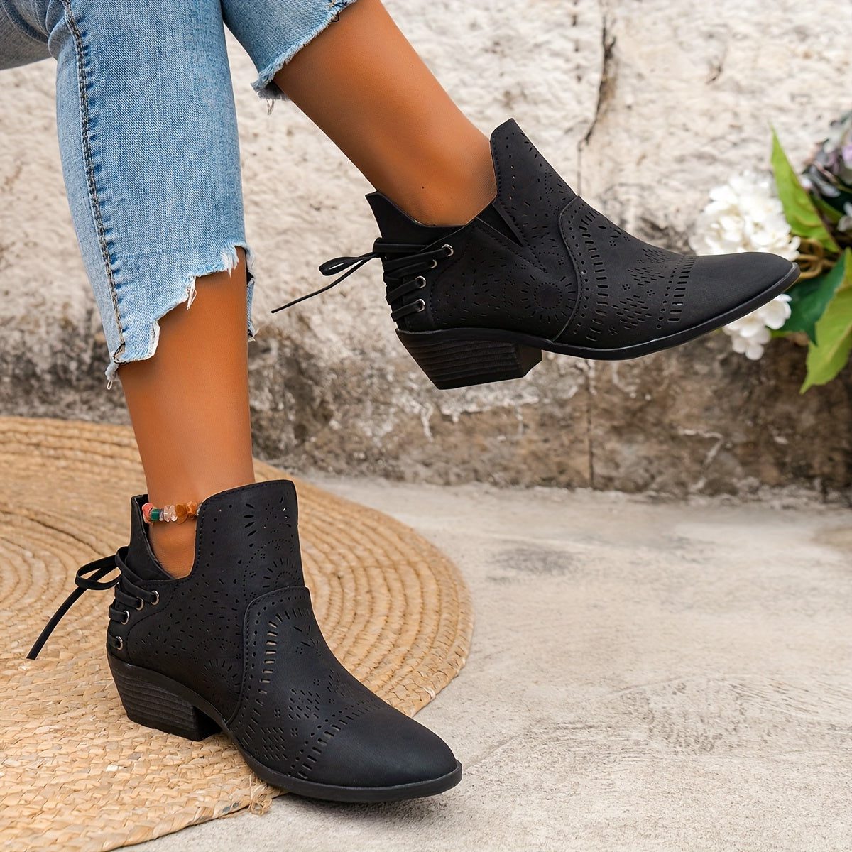Lara | Perforated Block Heel Ankle Boots for Women