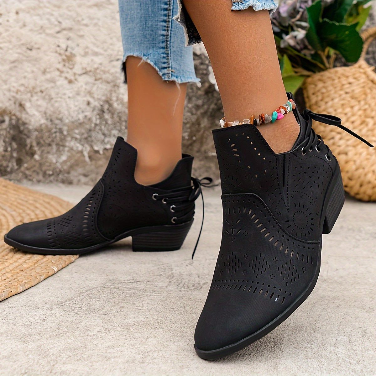 Lara | Perforated Block Heel Ankle Boots for Women