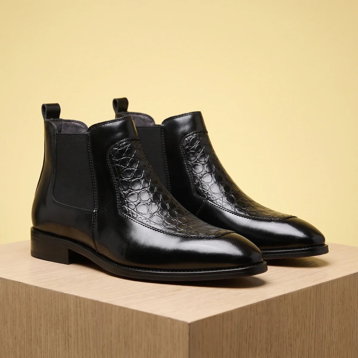 Laurent Polished Leather Croc Panel Chelsea Boots