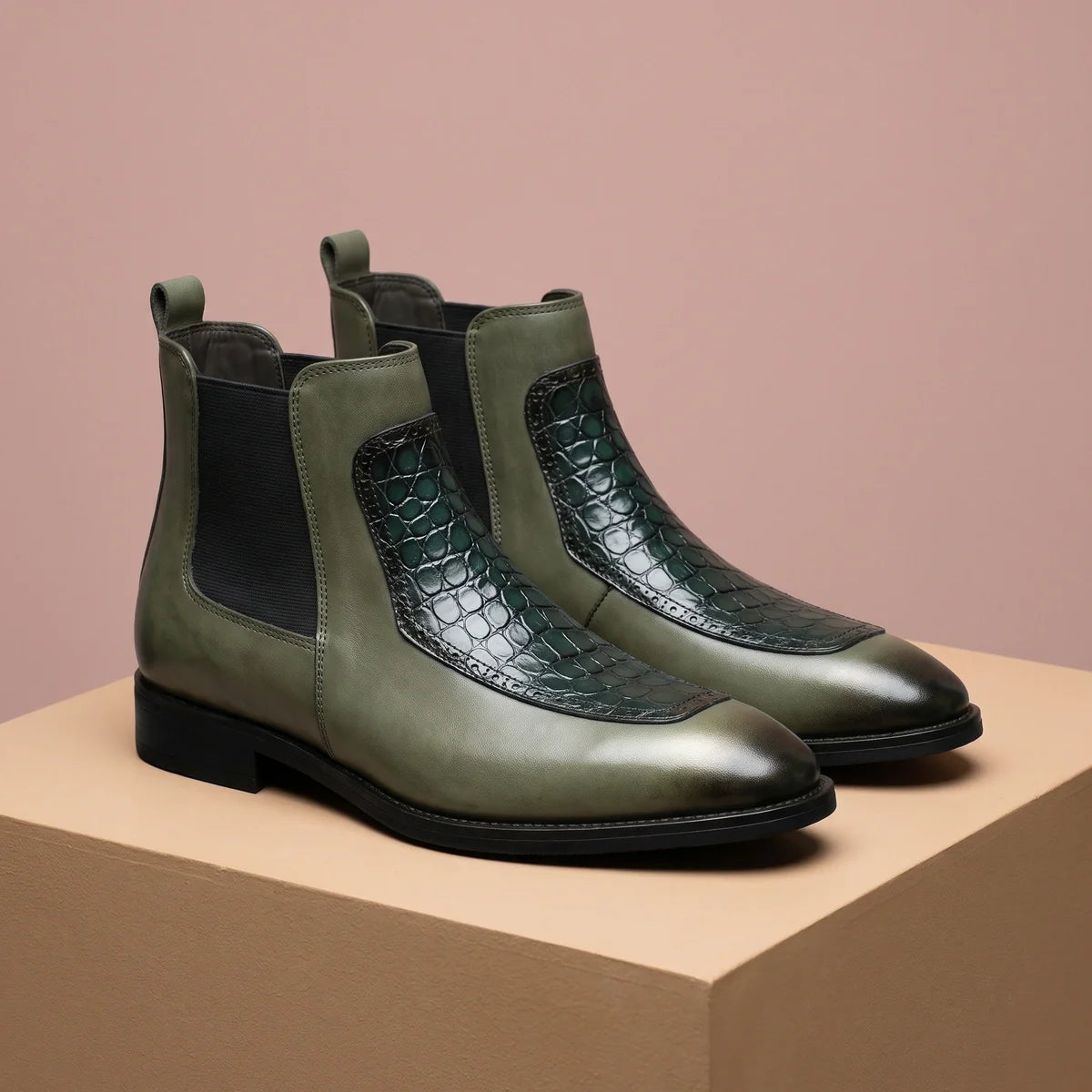 Laurent Polished Leather Croc Panel Chelsea Boots