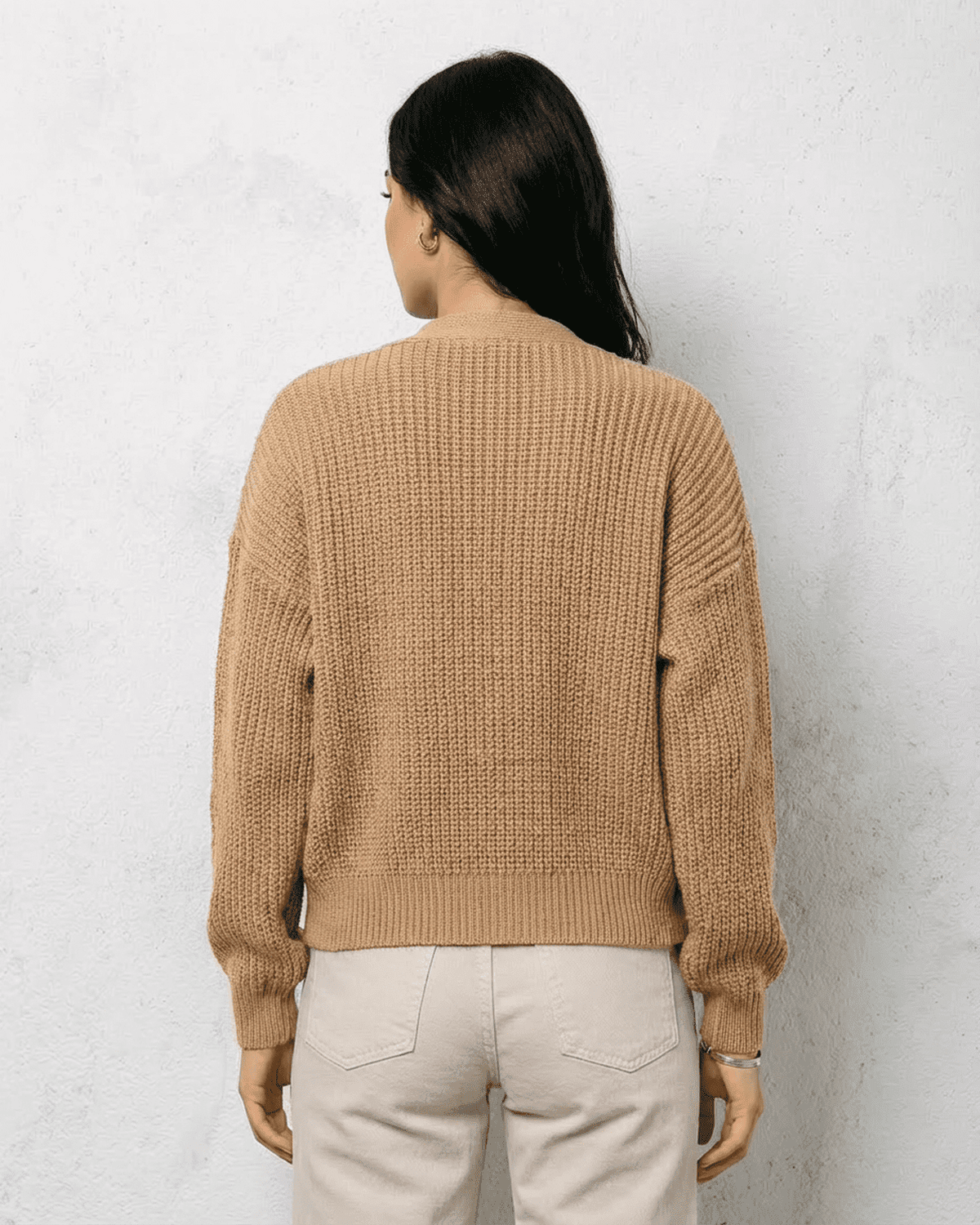Women's Beige V-Neck Button Cardigan, Long Sleeves, Ribbed Trim