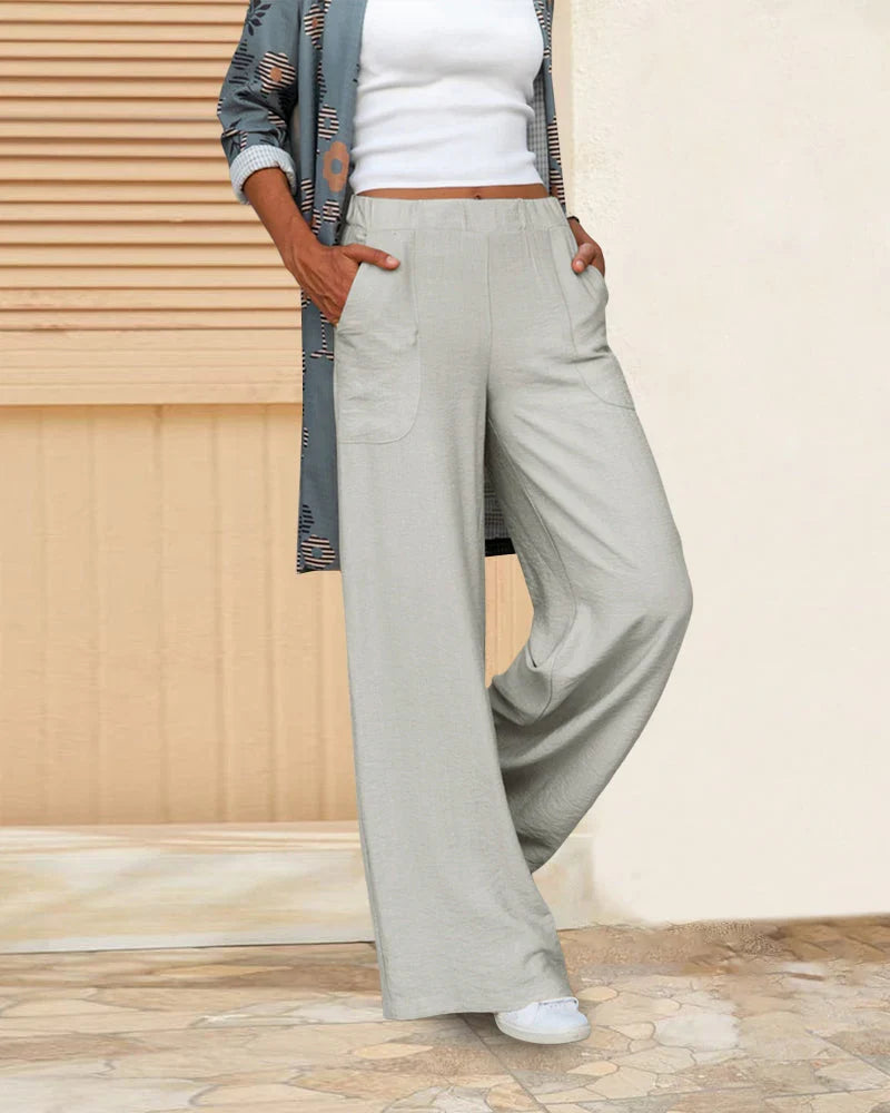 Leah | Women's Linen Wide Leg Pants with Elasticated Waist and Side Pockets