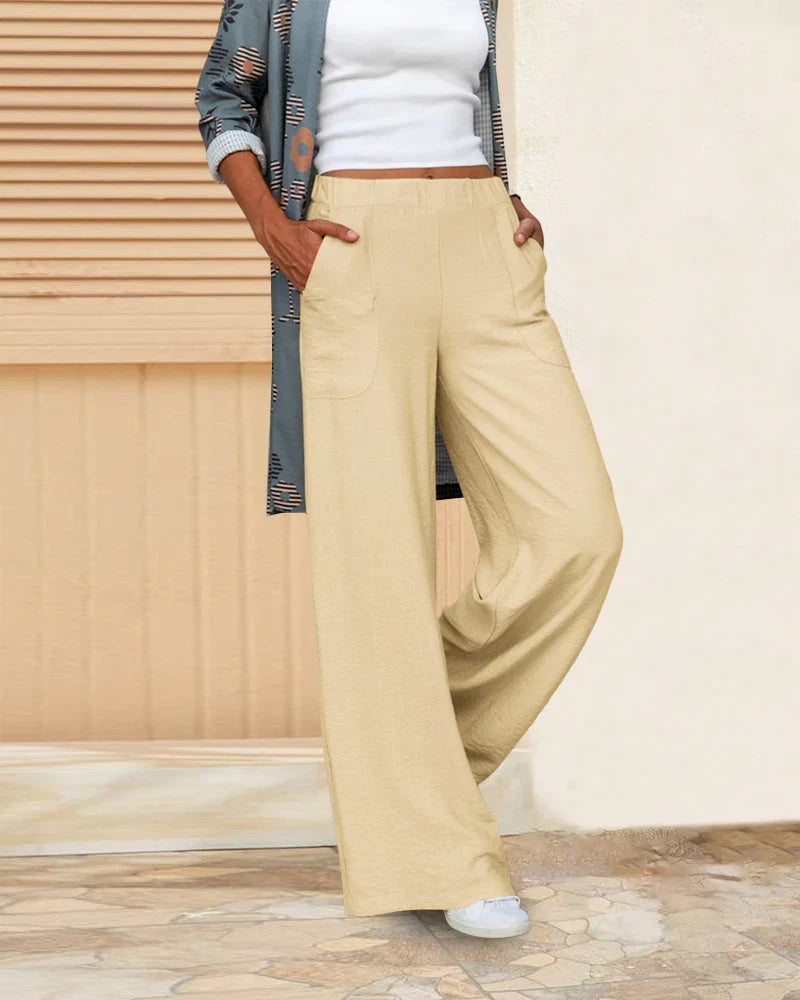 Leah | Women's Linen Wide Leg Pants with Elasticated Waist and Side Pockets