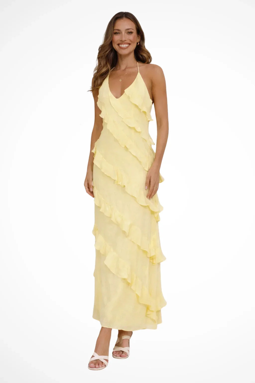 Leanne | Halter Neck Ruffle Tiered Summer Maxi Dress with Tie Back