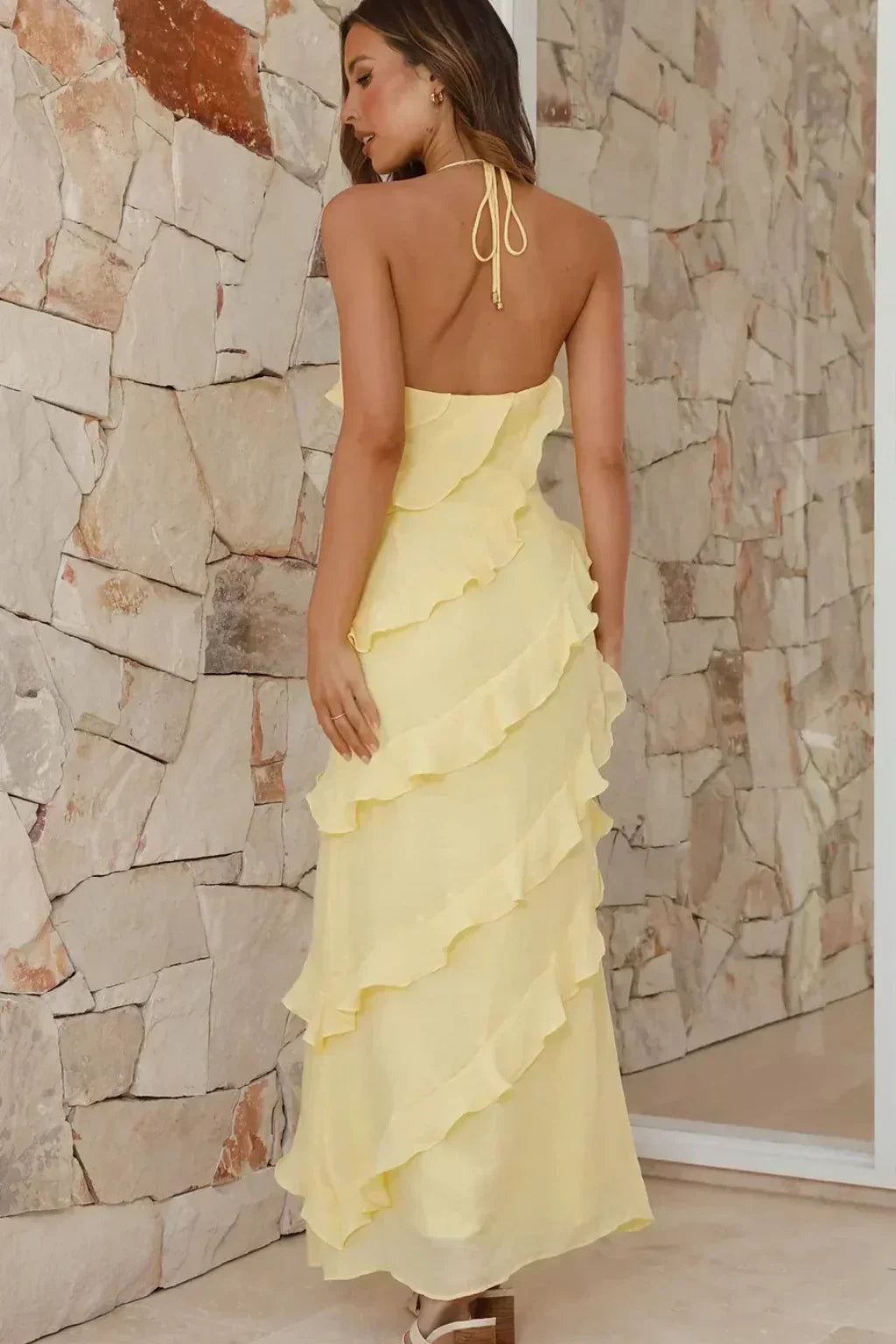 Leanne | Halter Neck Ruffle Tiered Summer Maxi Dress with Tie Back