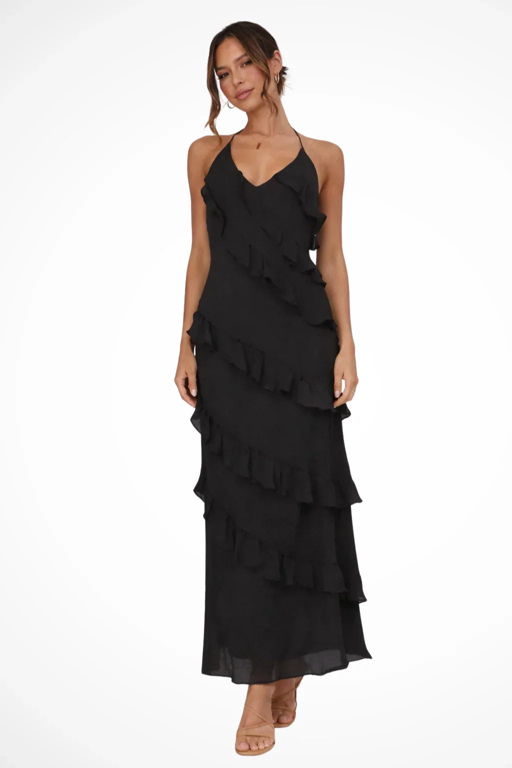 Leanne | Halter Neck Ruffle Tiered Summer Maxi Dress with Tie Back