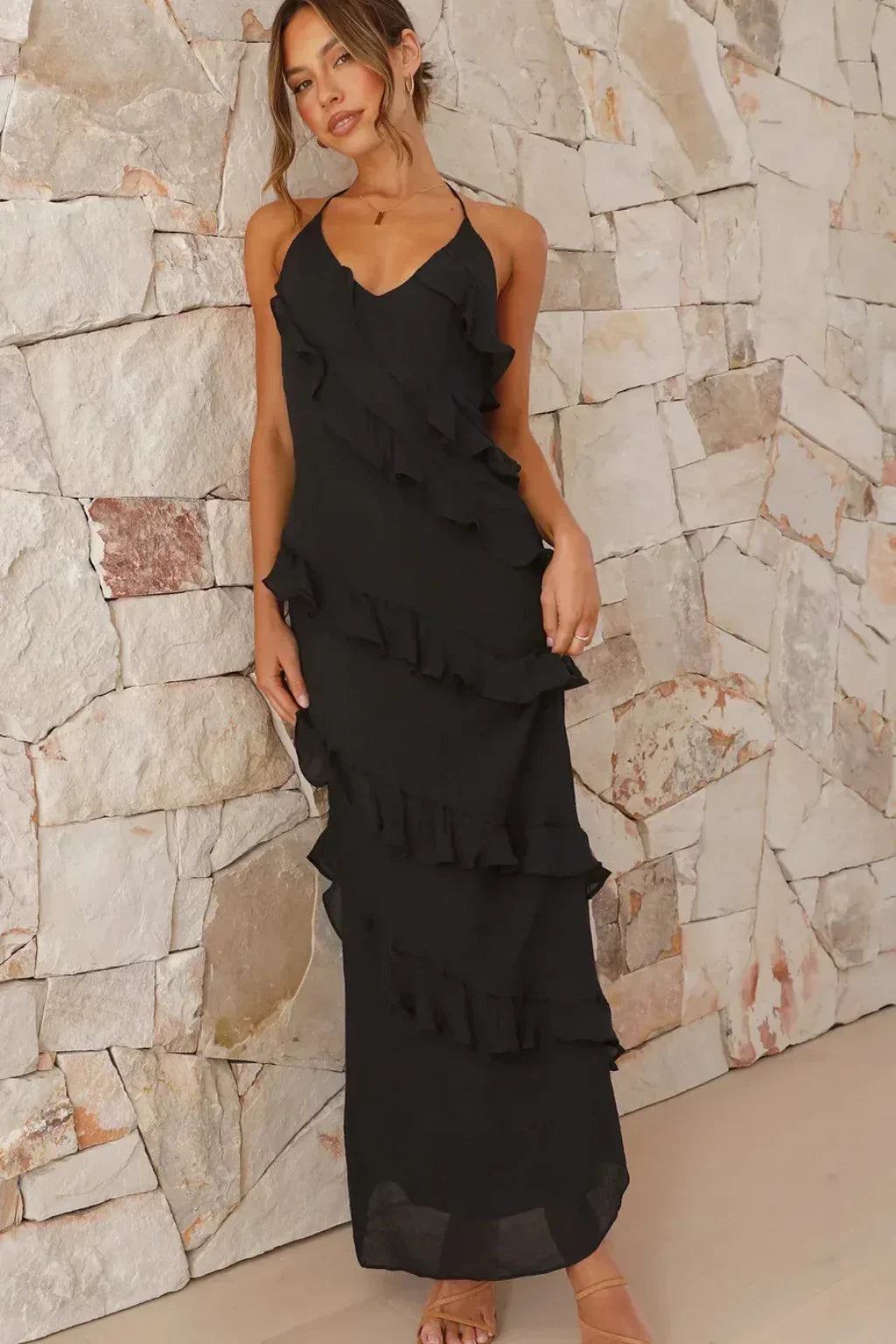 Leanne | Halter Neck Ruffle Tiered Summer Maxi Dress with Tie Back