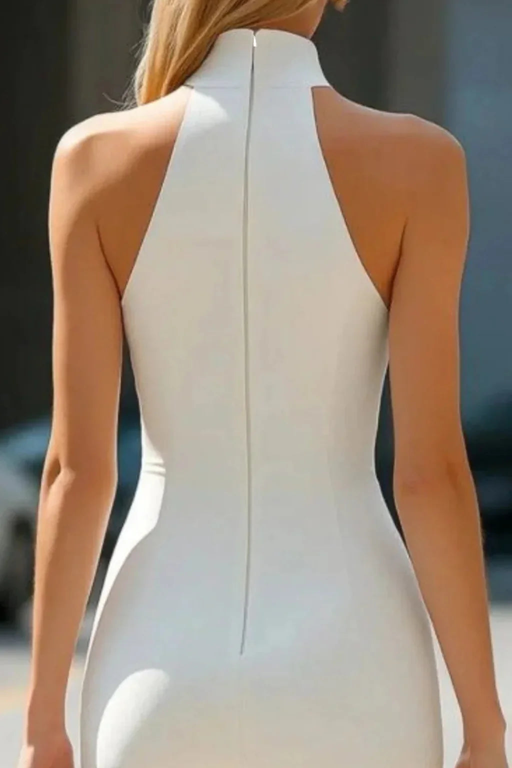 Leanne | Women's Square Halter Neck White Occasion Midi Dress
