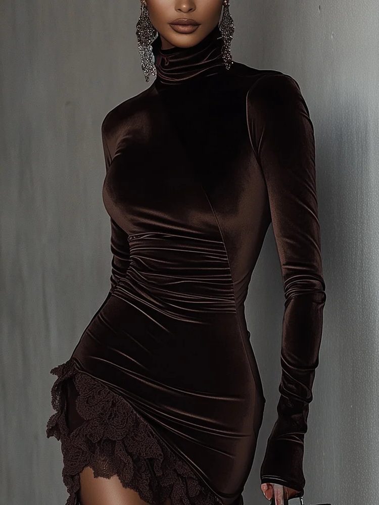 Leena | Velvet Mini Dress with Long Sleeves and Lace Hem for Women