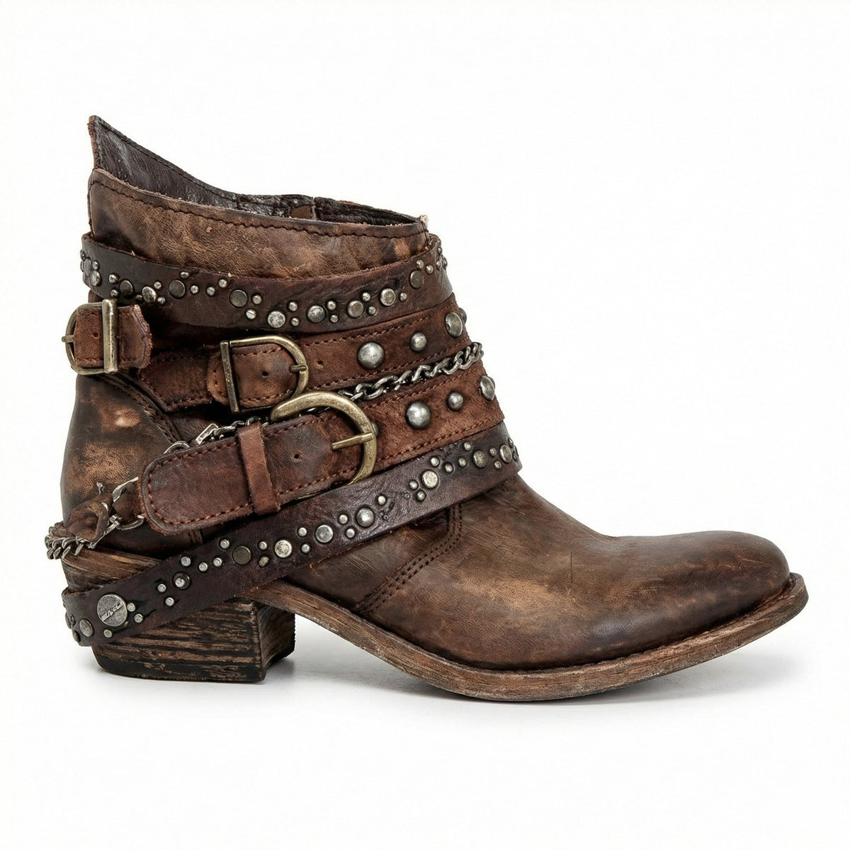 Kelly | Womens Studded Leather Ankle Boots with Buckles | Side Zip, Block Heel | Brown, Black and More US 4.5-11