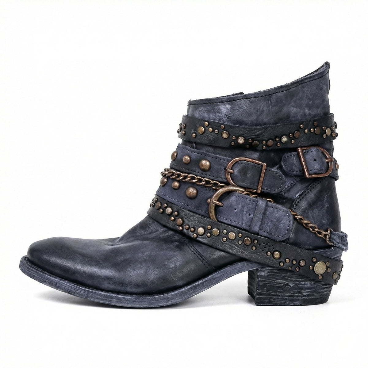Kelly | Womens Studded Leather Ankle Boots with Buckles | Side Zip, Block Heel | Brown, Black and More US 4.5-11