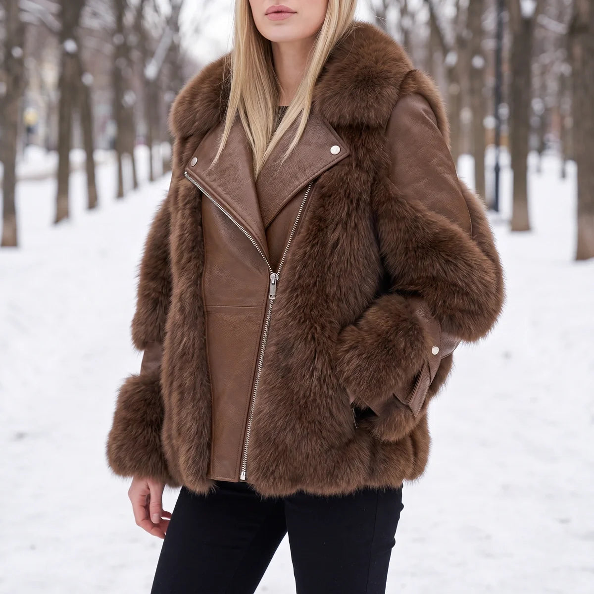 Leontine Faux Fur Panel Vegan Leather Biker Jacket