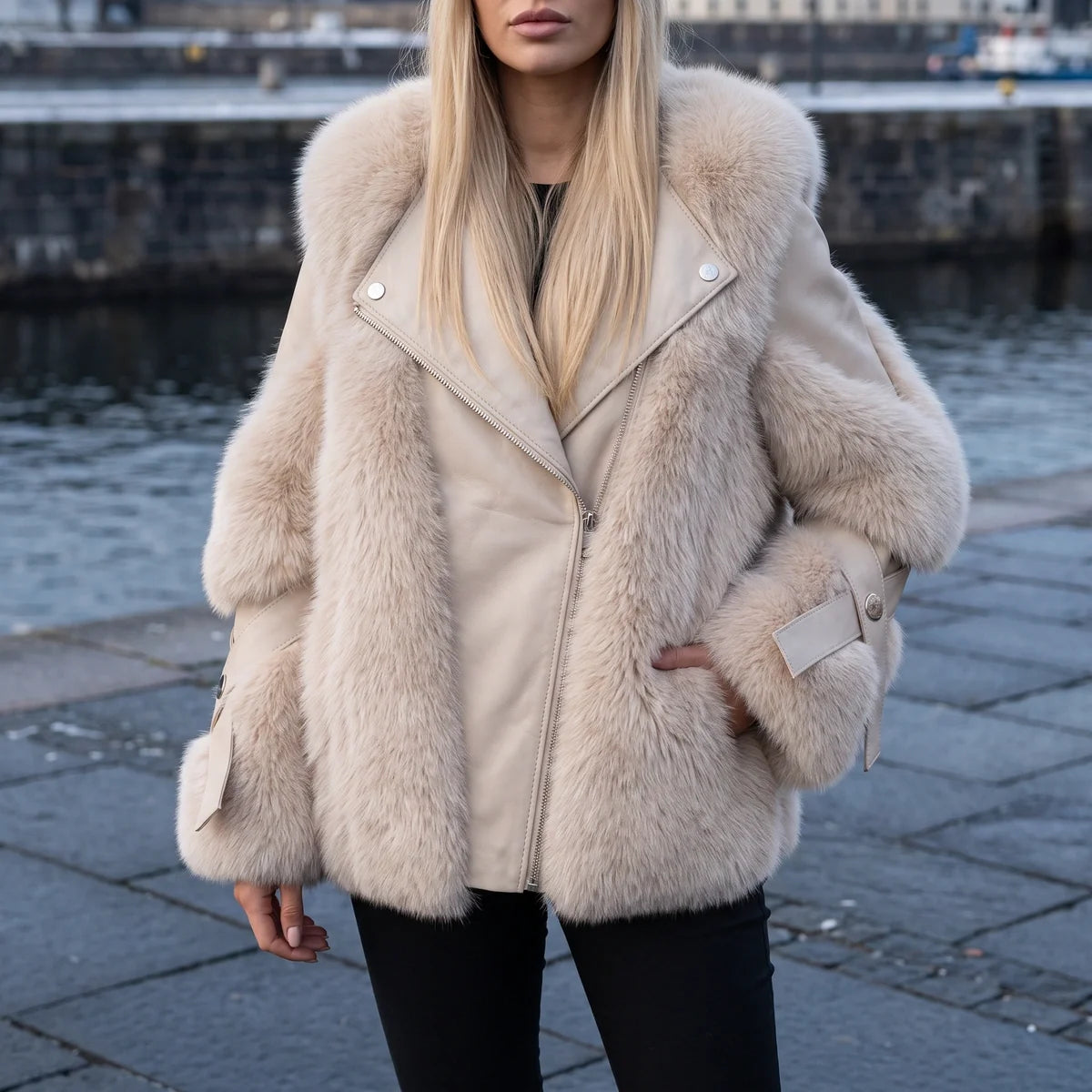 Leontine Faux Fur Panel Vegan Leather Biker Jacket