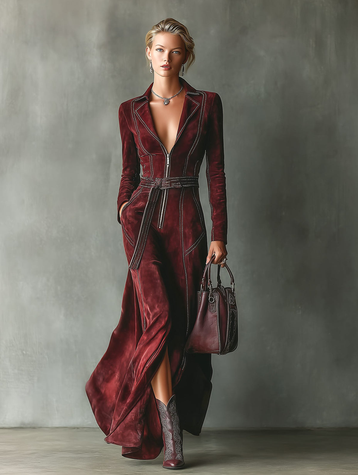 Lia | Velvet Maxi Dress with Lapel Collar and Belt for Women