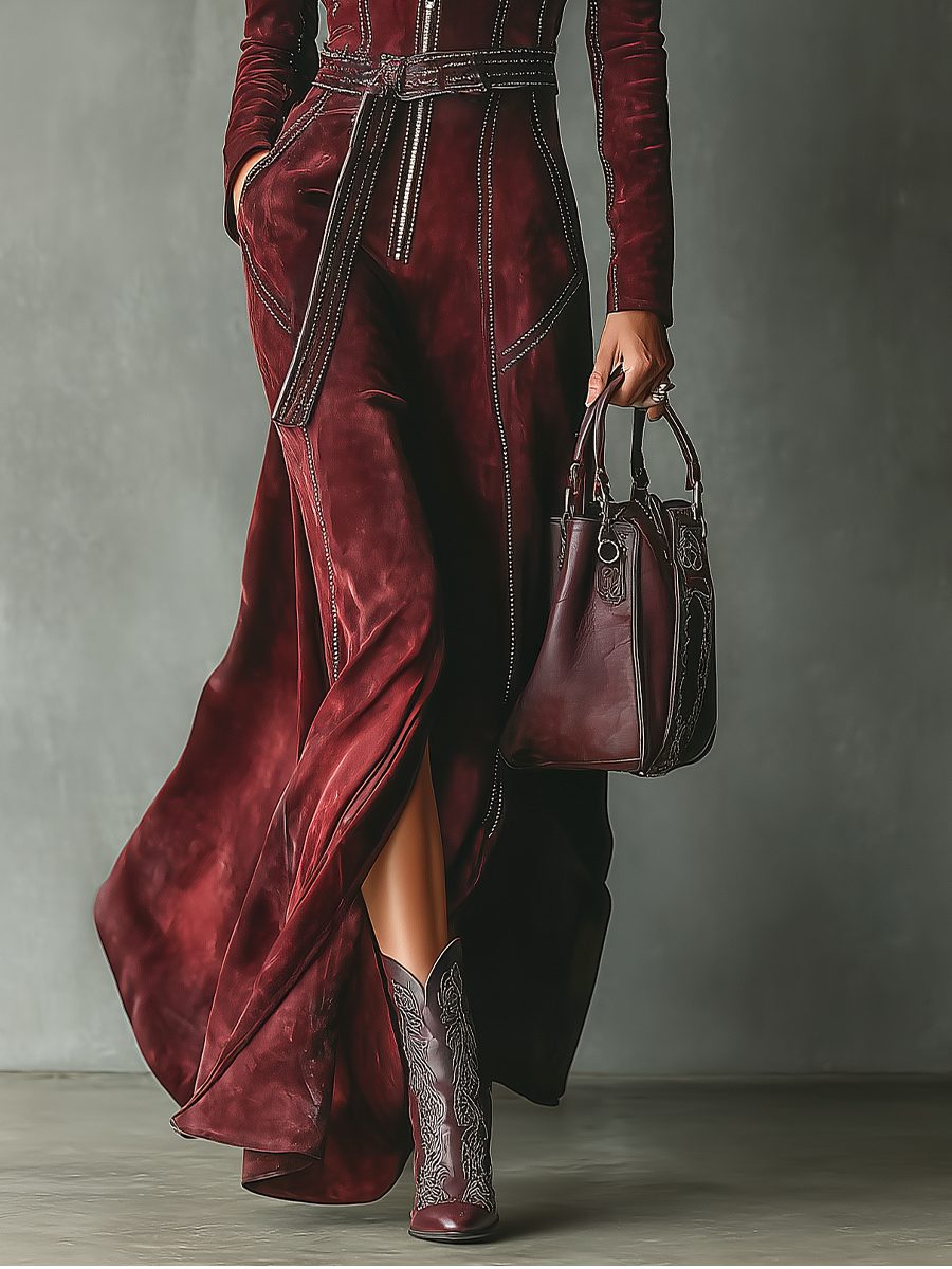 Lia | Velvet Maxi Dress with Lapel Collar and Belt for Women