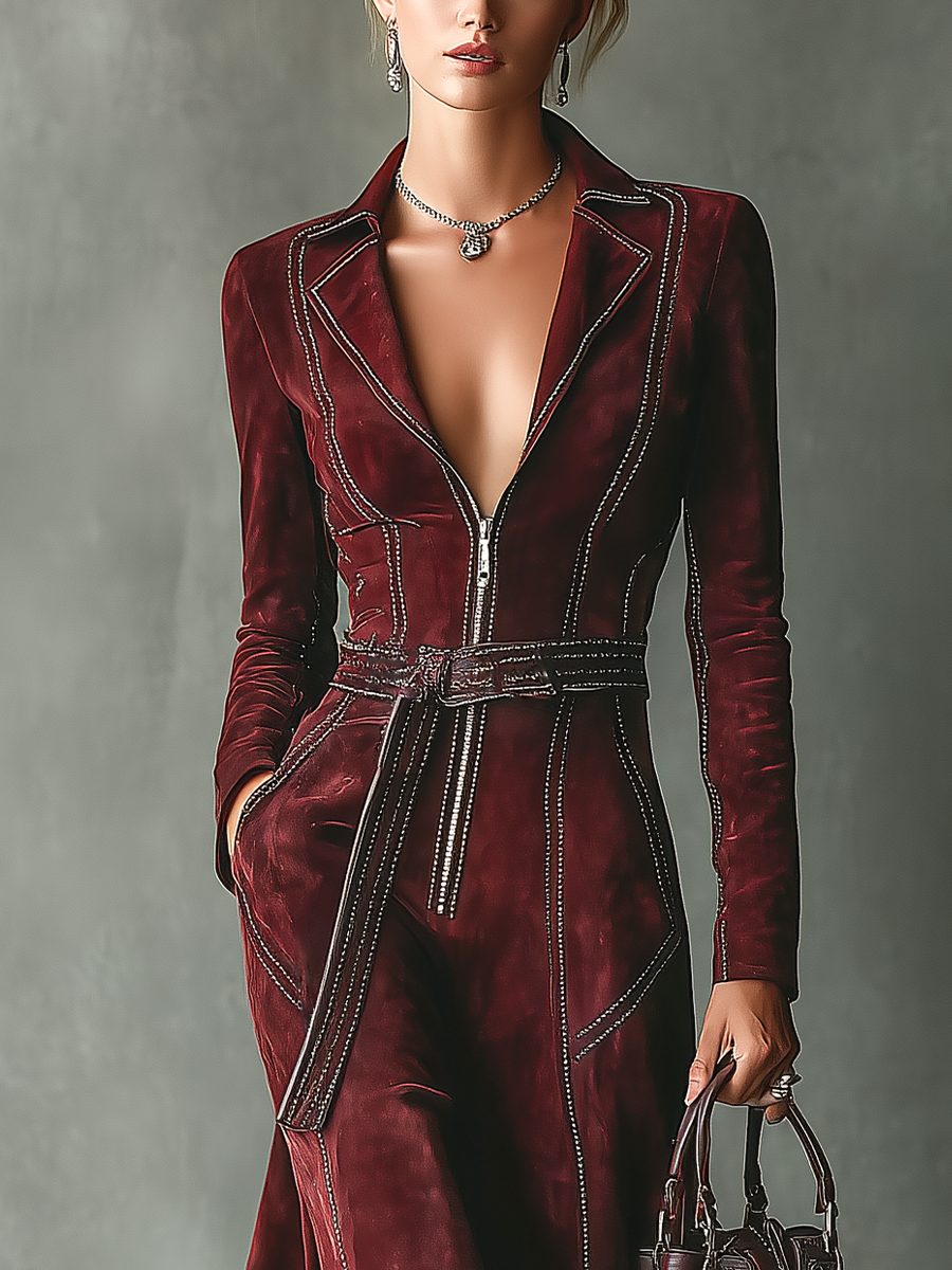 Lia | Velvet Maxi Dress with Lapel Collar and Belt for Women