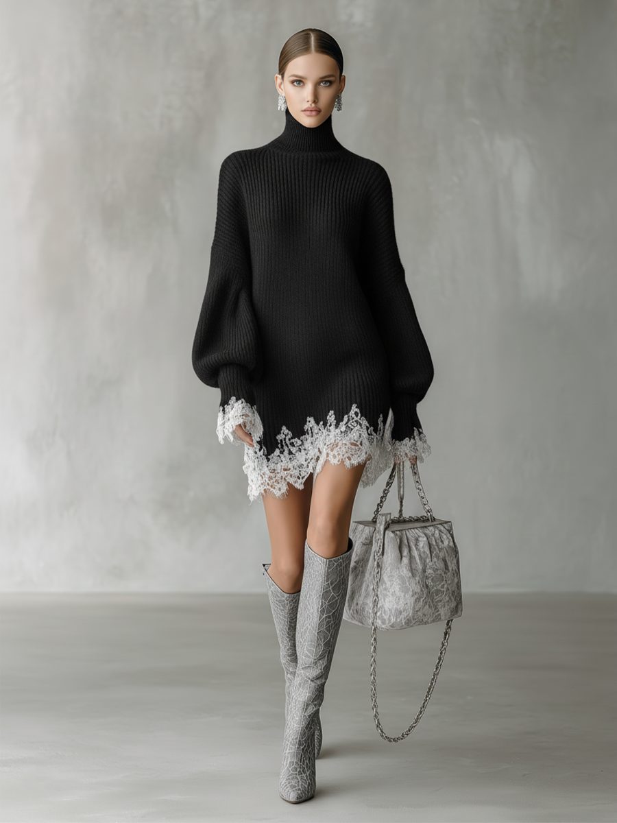 Libby | Ribbed Knit Turtleneck Mini Dress with Lace Hem for Women