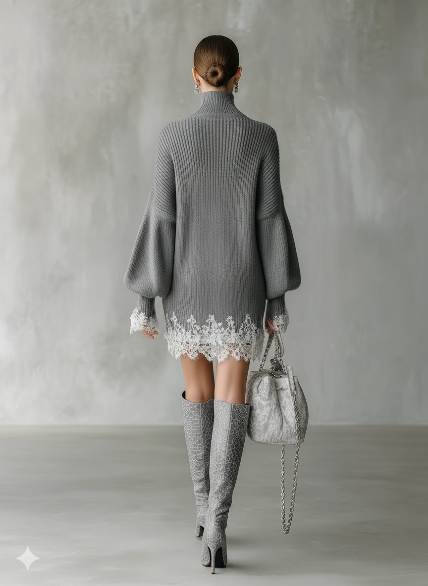 Libby | Ribbed Knit Turtleneck Mini Dress with Lace Hem for Women