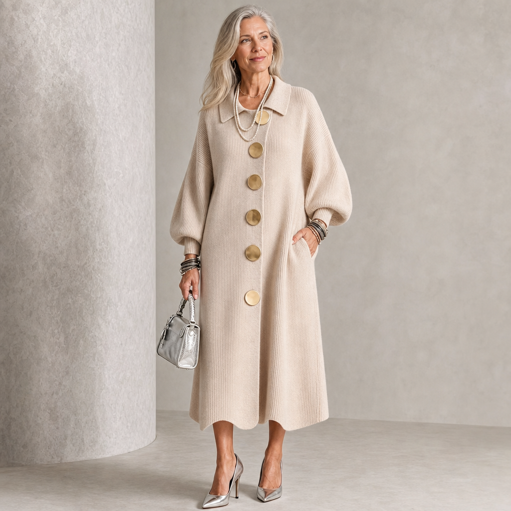 Vivelyn – Gold Button Ribbed Lantern Sleeve Maxi Dress