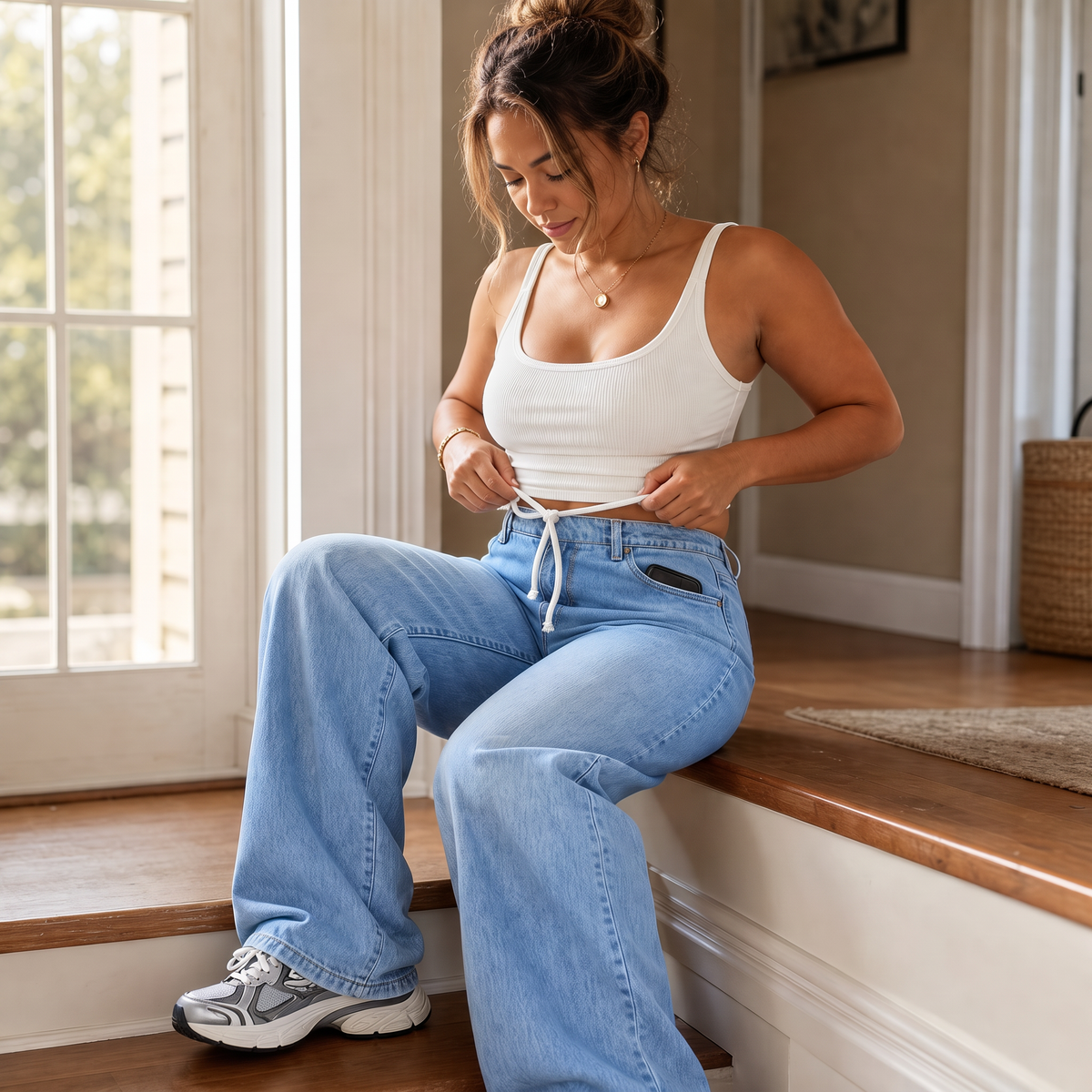 Flexelle – High-Waisted Drawstring Wide-Leg Jeans