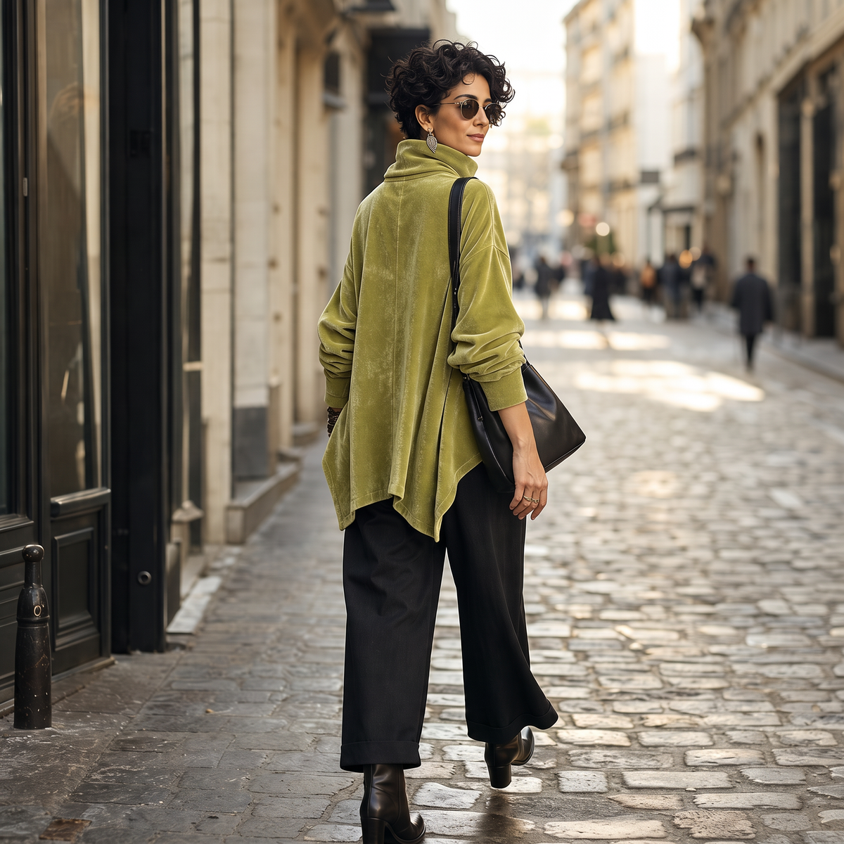 Velvara – Asymmetric Button Velvet Turtleneck Top