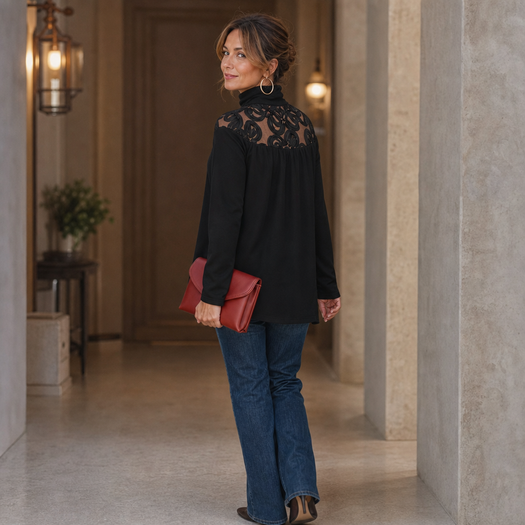 Florenza – Sheer Floral Lace-Yoke High-Neck Blouse