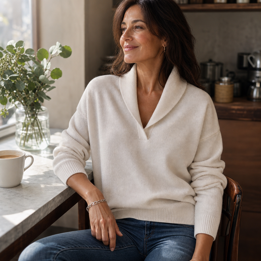 Antonia – Draped Shawl-Collar V-Neck Sweater