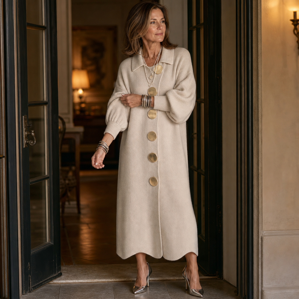 Vivelyn – Gold Button Ribbed Lantern Sleeve Maxi Dress