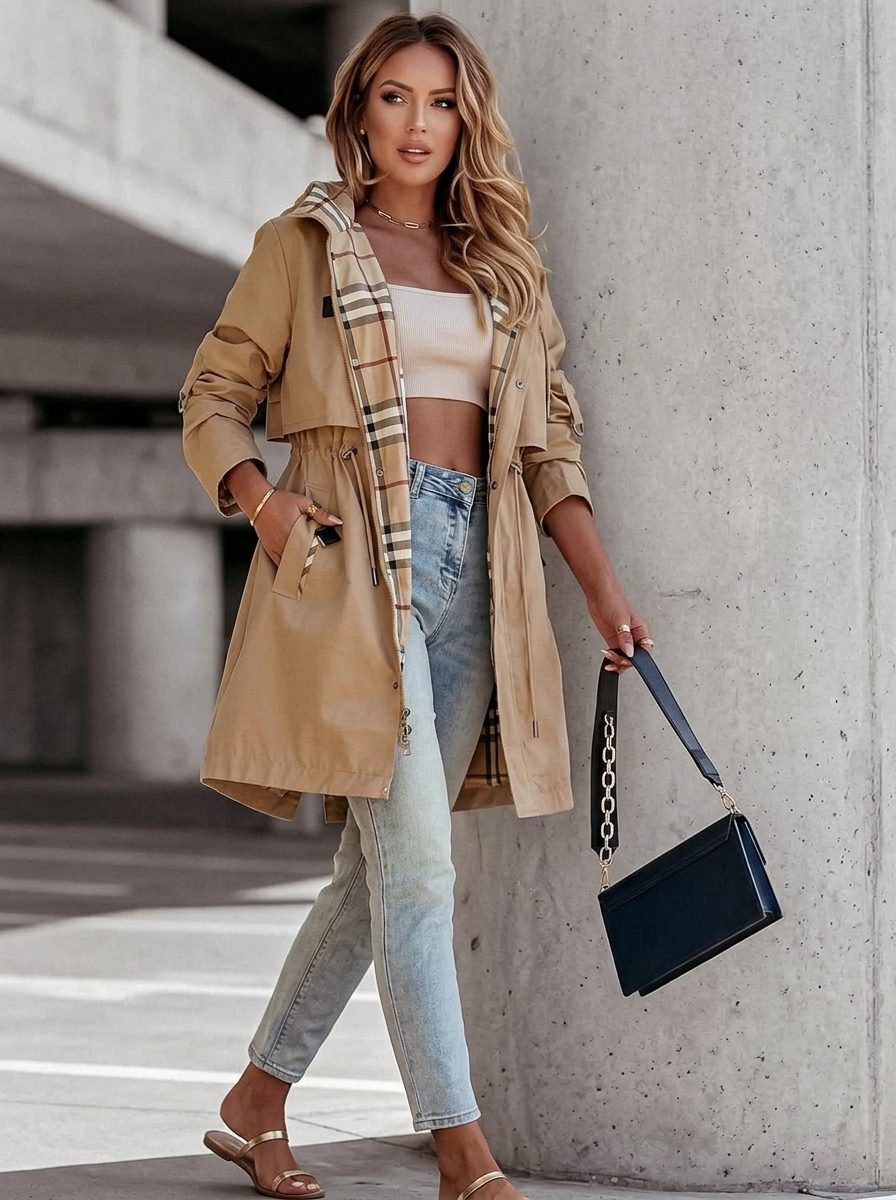 Lili | Longline Trench Coat with Plaid Lining and Hood for Women