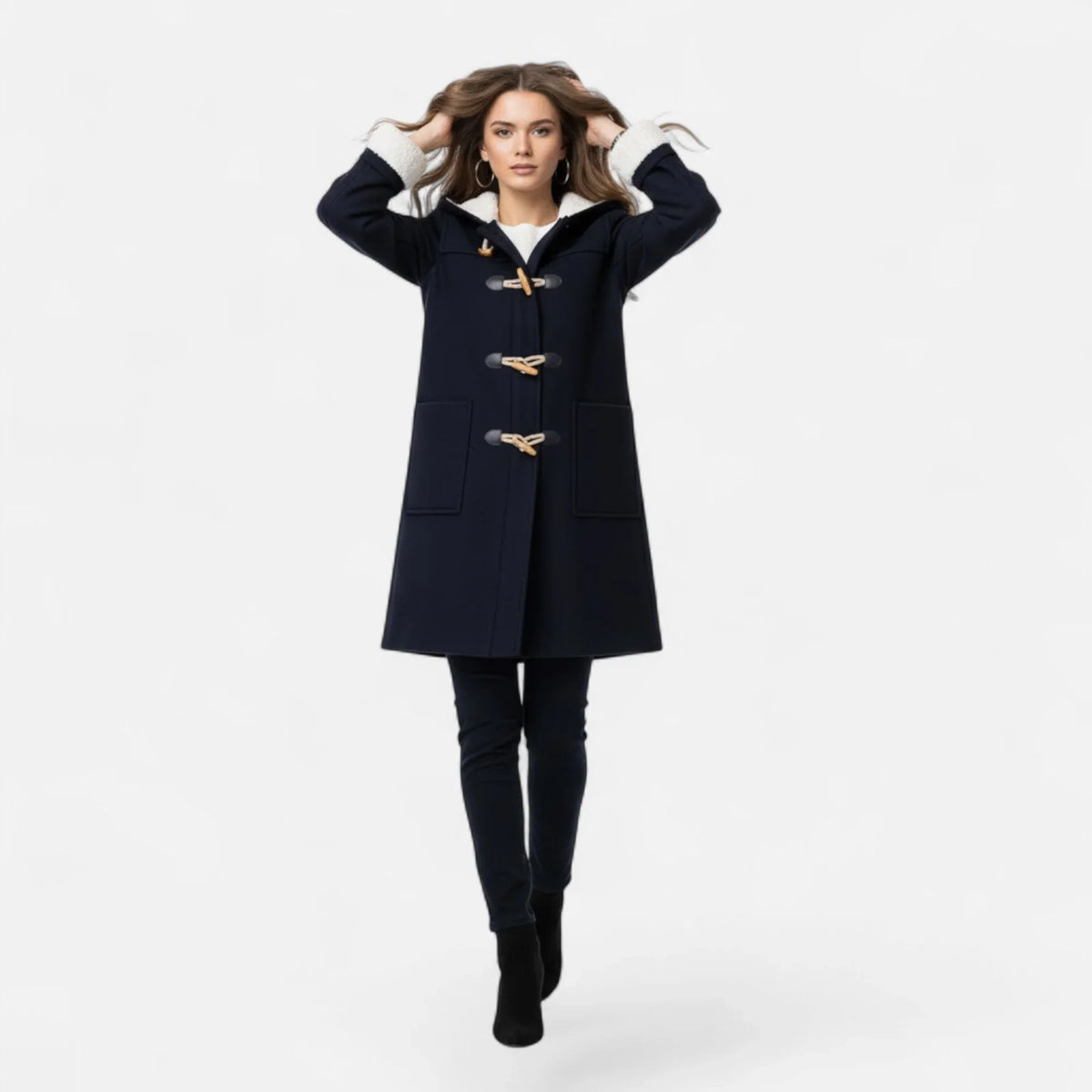 Linda | Women's Windbreaker Hooded Toggle Coat with Shearling Trim