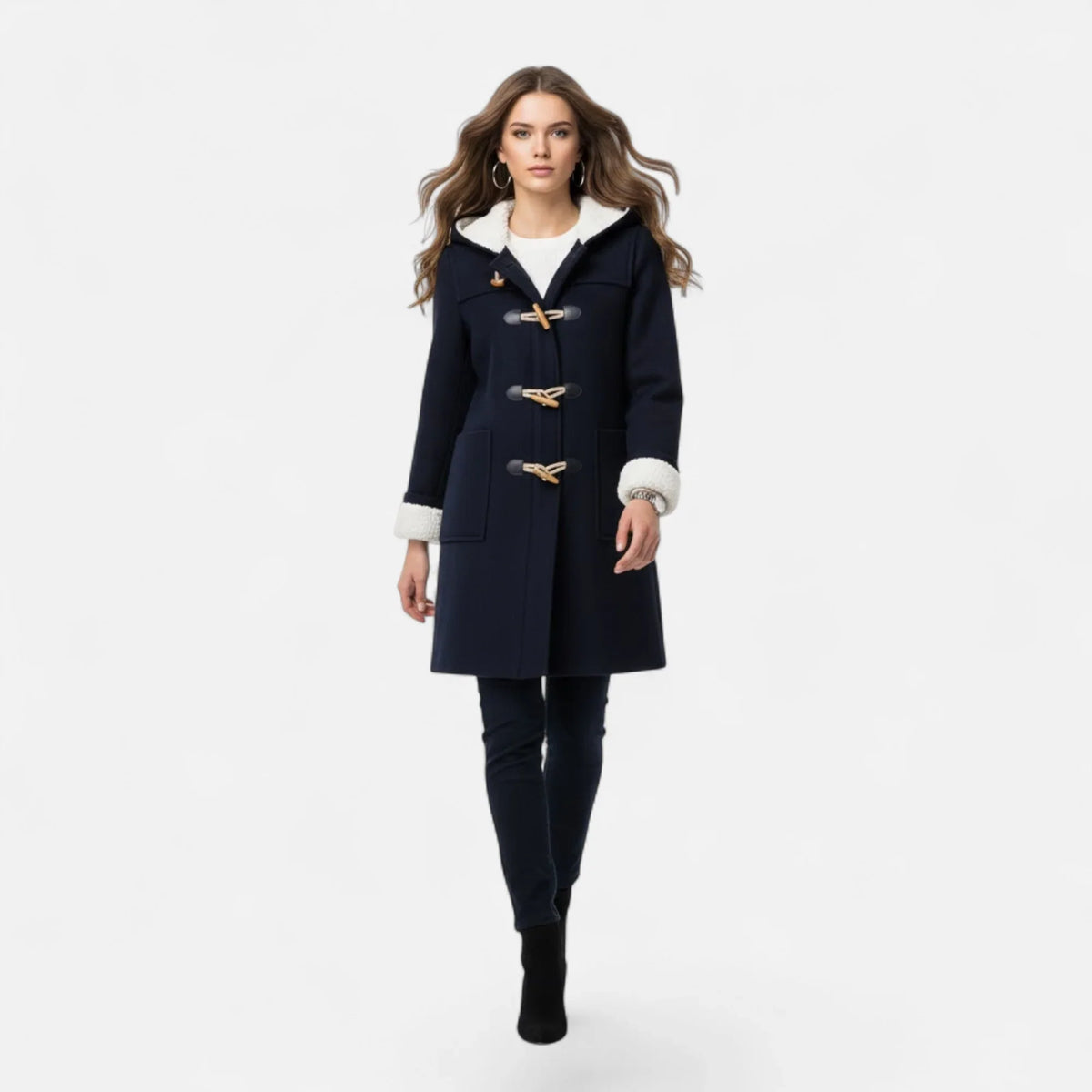 Linda | Women's Windbreaker Hooded Toggle Coat with Shearling Trim
