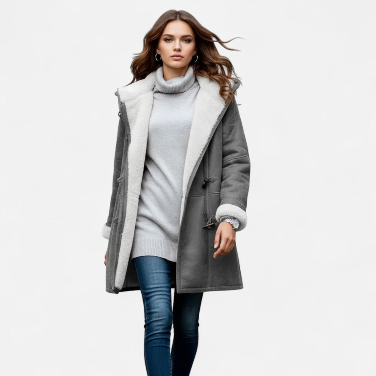 Linda | Women's Windbreaker Hooded Toggle Coat with Shearling Trim