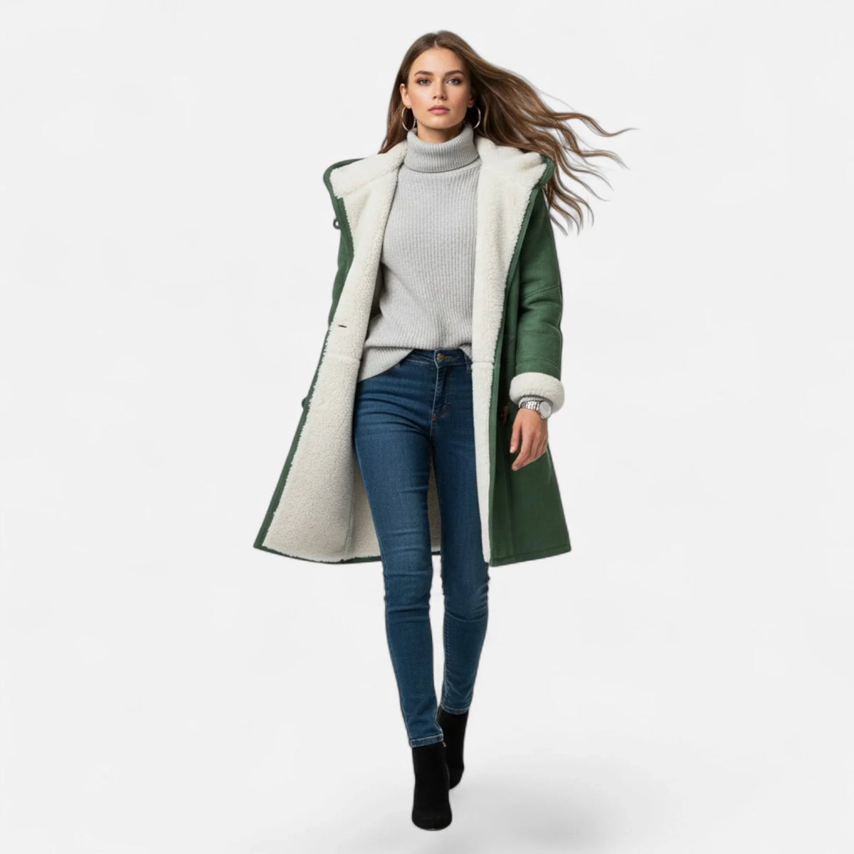 Linda | Women's Windbreaker Hooded Toggle Coat with Shearling Trim