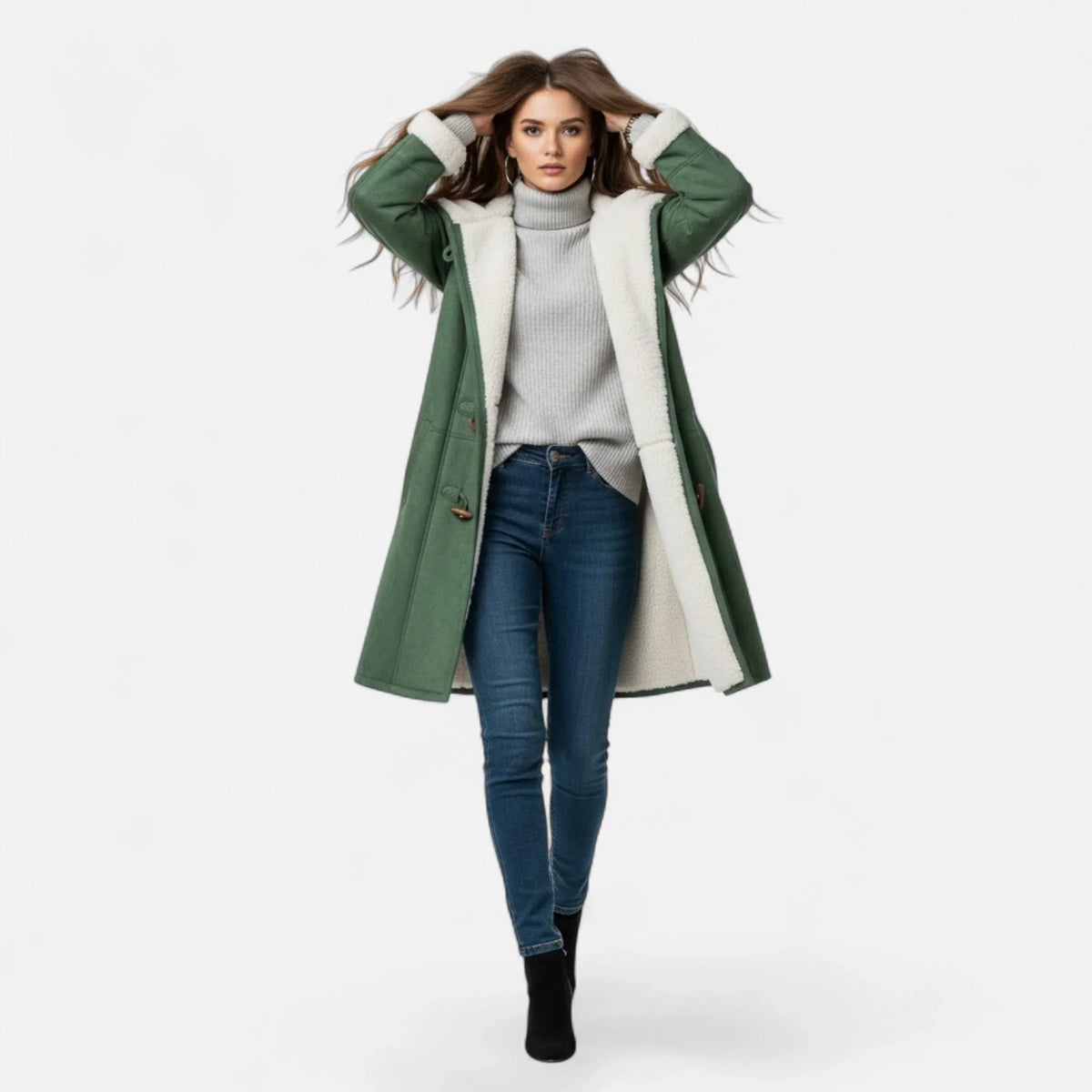 Linda | Women's Windbreaker Hooded Toggle Coat with Shearling Trim