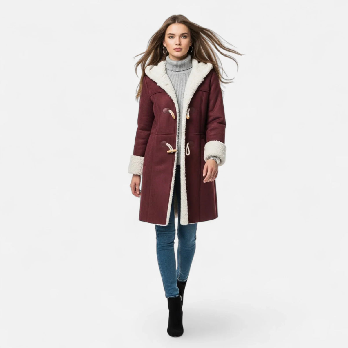 Linda | Women's Windbreaker Hooded Toggle Coat with Shearling Trim