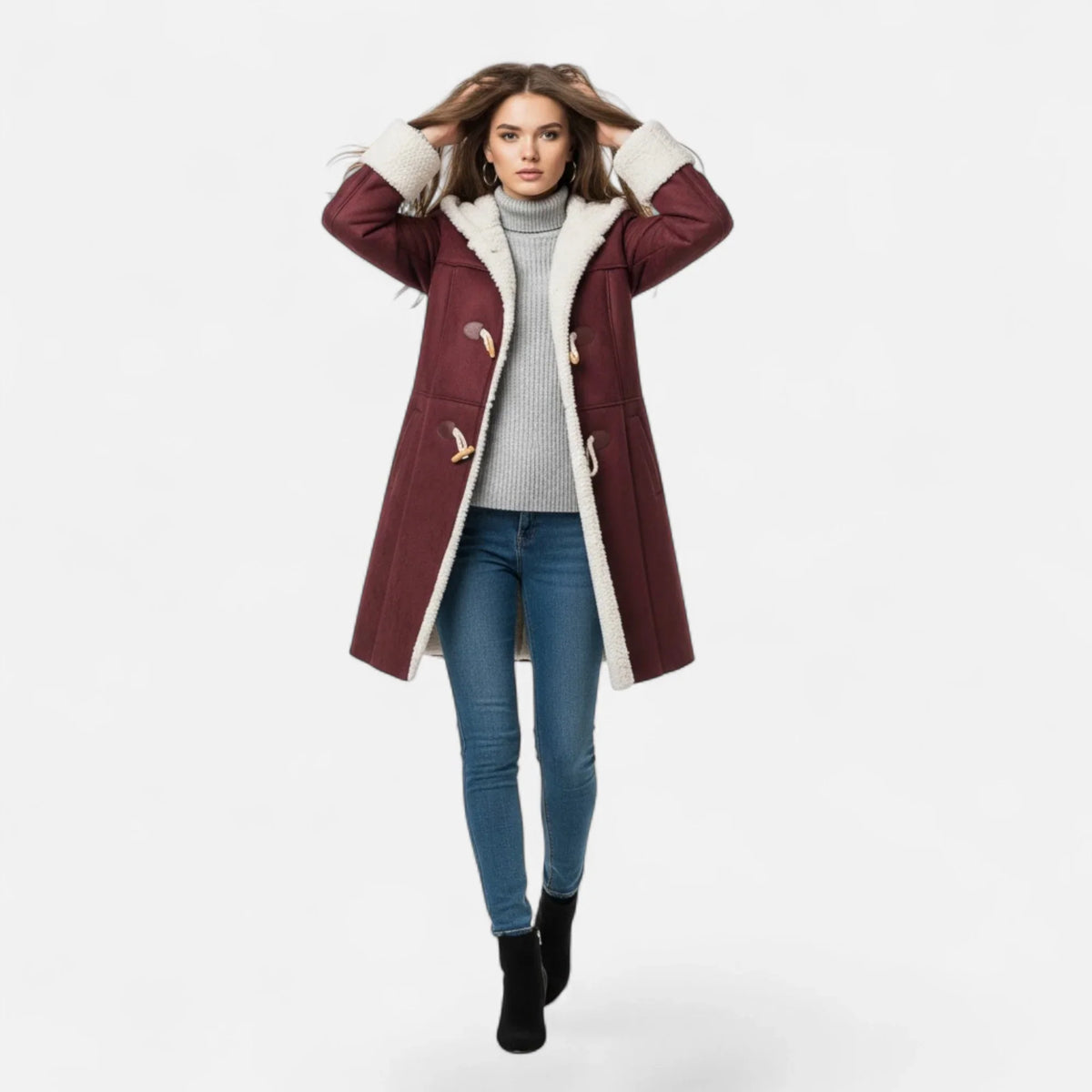 Linda | Women's Windbreaker Hooded Toggle Coat with Shearling Trim