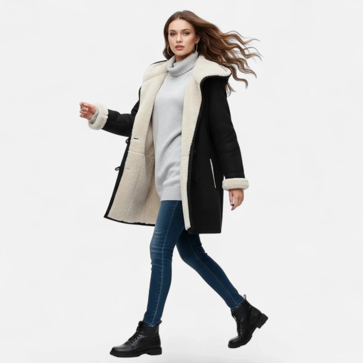 Linda | Women's Windbreaker Hooded Toggle Coat with Shearling Trim
