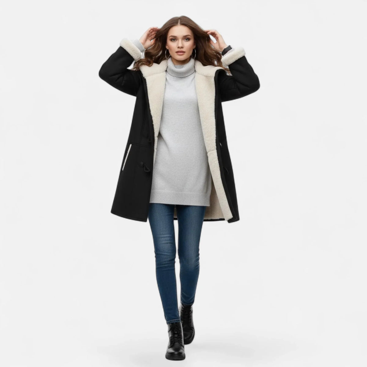 Linda | Women's Windbreaker Hooded Toggle Coat with Shearling Trim