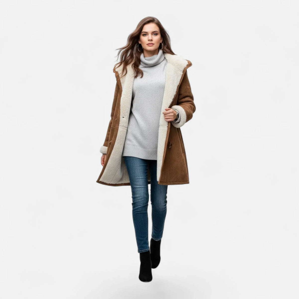 Linda | Women's Windbreaker Hooded Toggle Coat with Shearling Trim