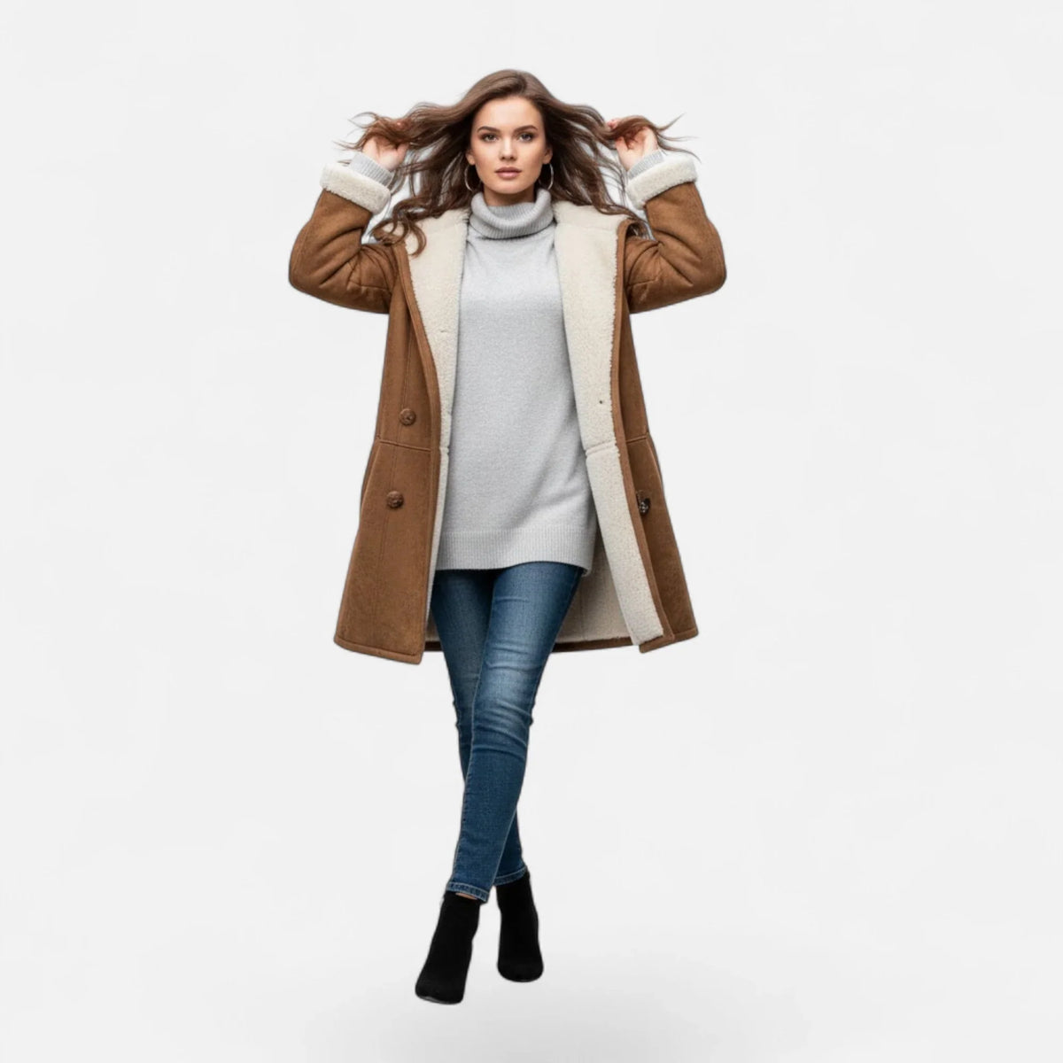 Linda | Women's Windbreaker Hooded Toggle Coat with Shearling Trim