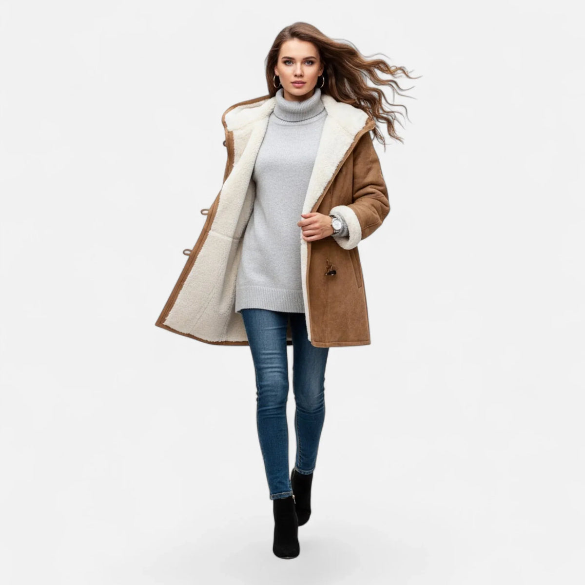 Linda | Women's Windbreaker Hooded Toggle Coat with Shearling Trim