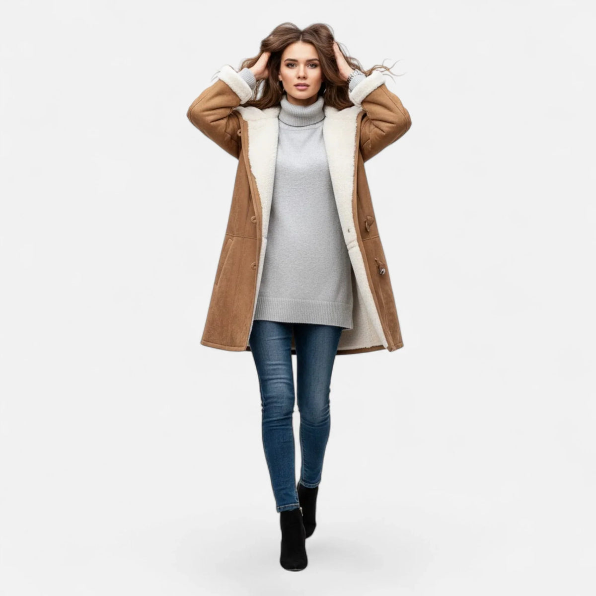 Linda | Women's Windbreaker Hooded Toggle Coat with Shearling Trim