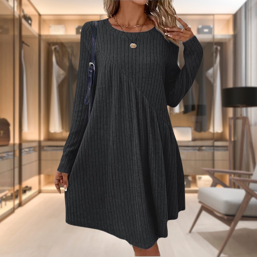 Lindy | Ribbed Knit A-Line Midi Dress with Long Sleeves for Women