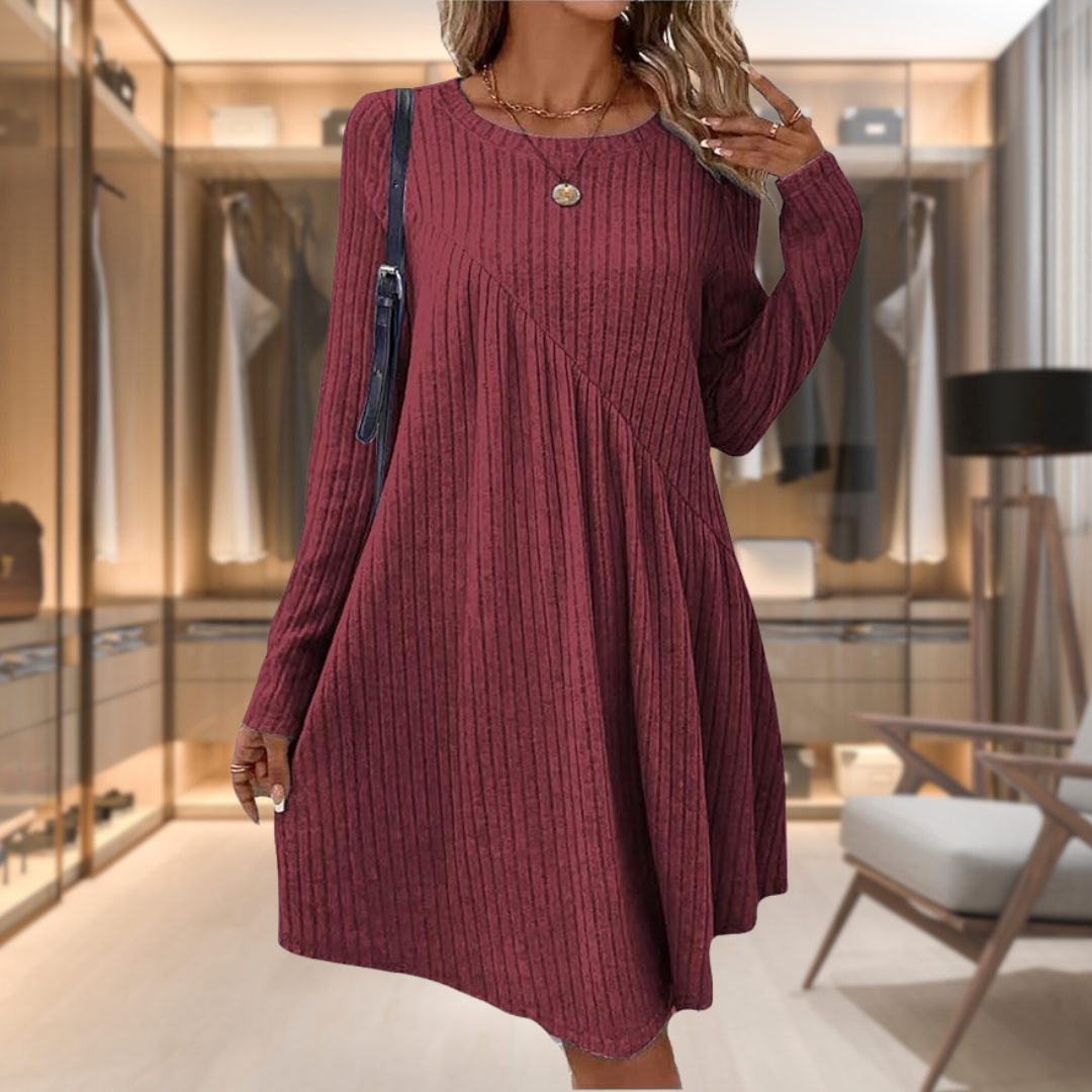 Lindy | Ribbed Knit A-Line Midi Dress with Long Sleeves for Women