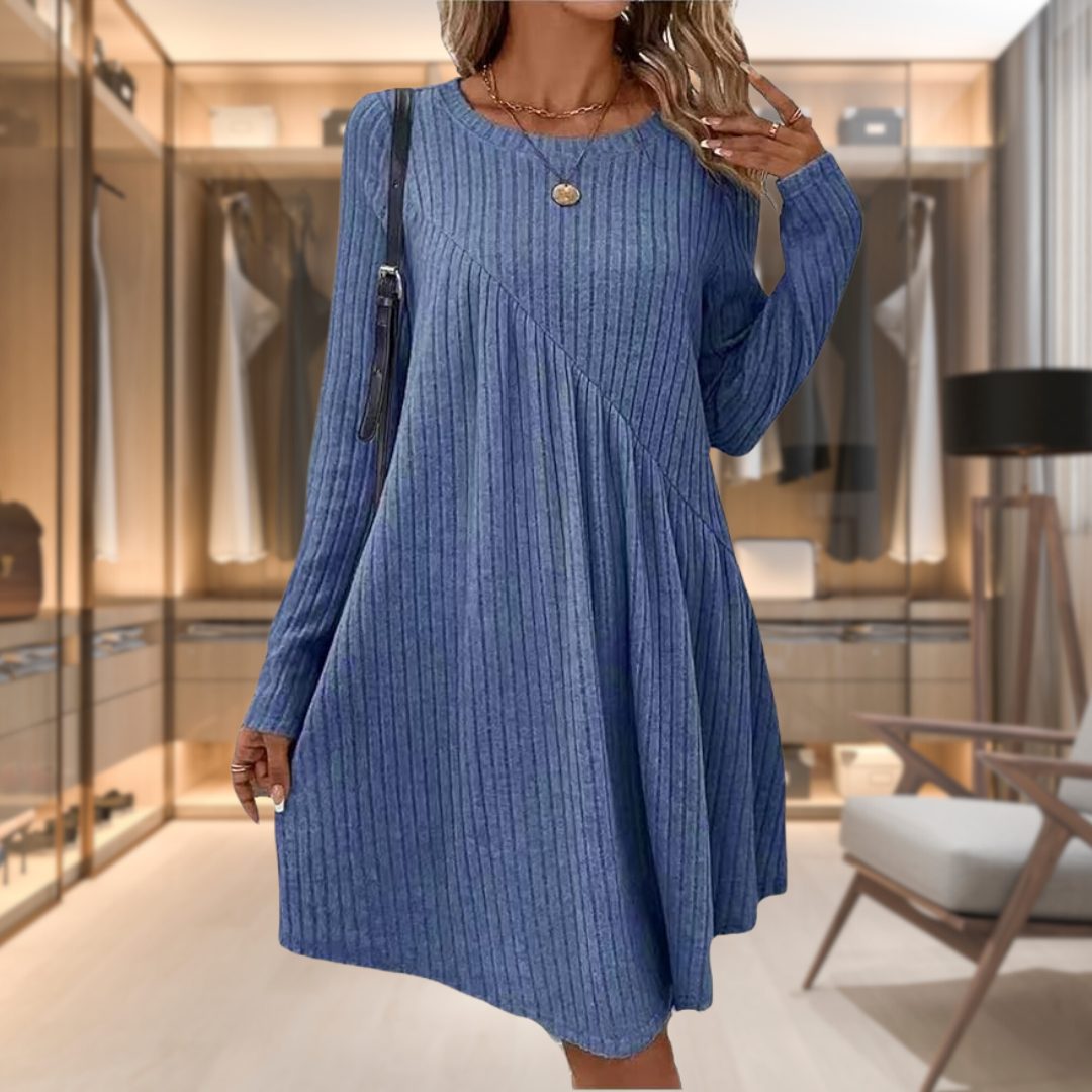 Lindy | Ribbed Knit A-Line Midi Dress with Long Sleeves for Women