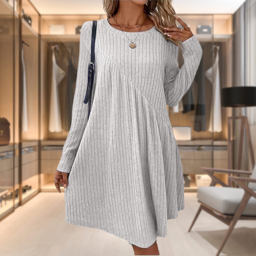 Lindy | Ribbed Knit A-Line Midi Dress with Long Sleeves for Women