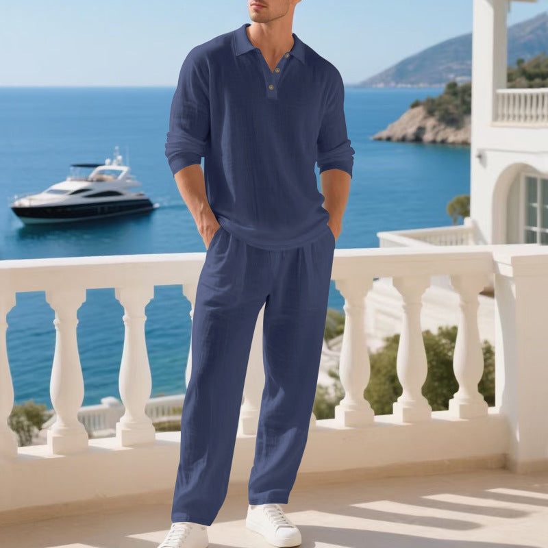 Linen Set with Collar and Long Sleeves for Men