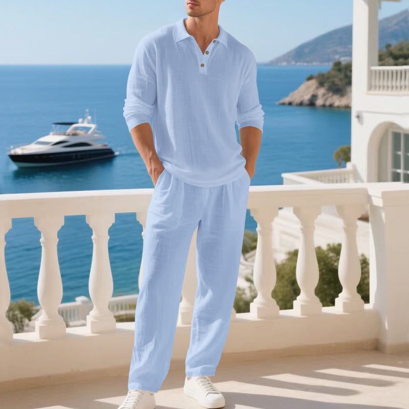 Linen Set with Collar and Long Sleeves for Men