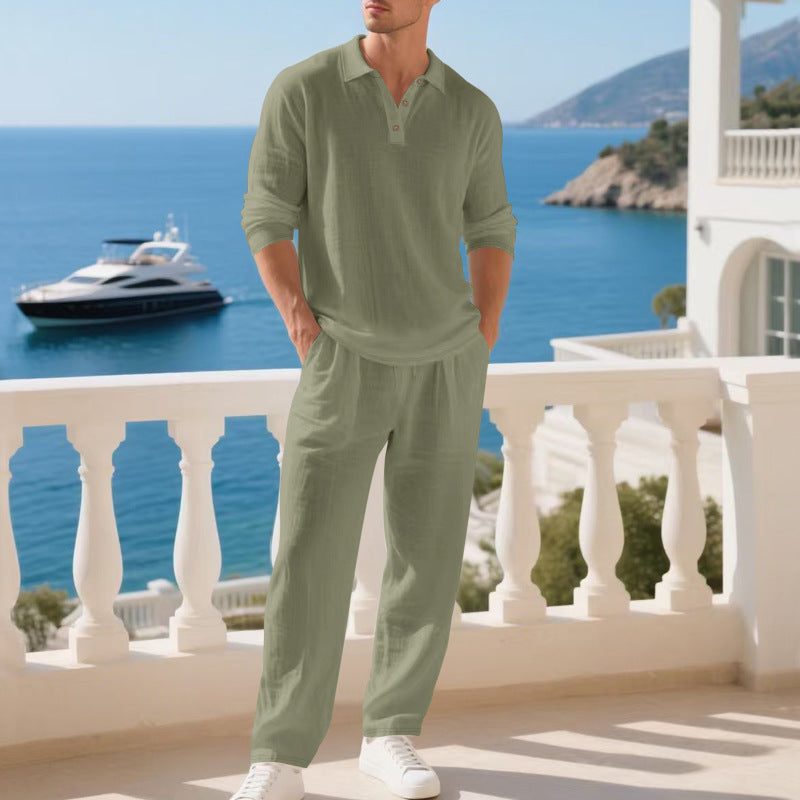 Linen Set with Collar and Long Sleeves for Men