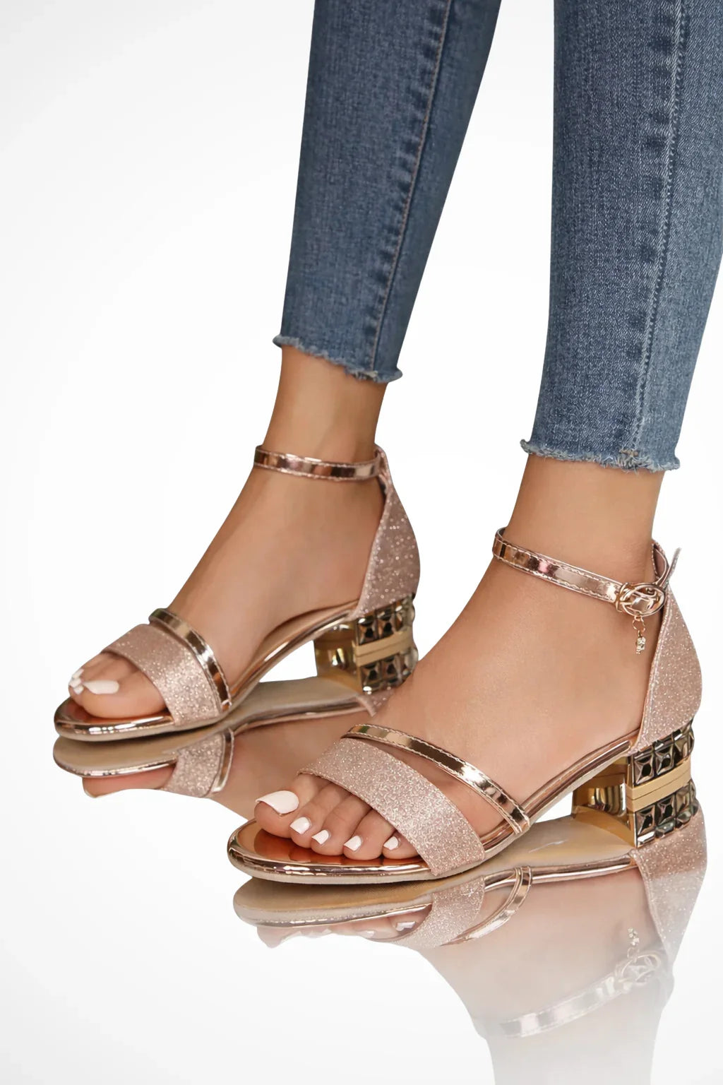 Lisa | Women's Open Toe Glitter Block Heel Ankle Strap Sandals with Buckle Closure